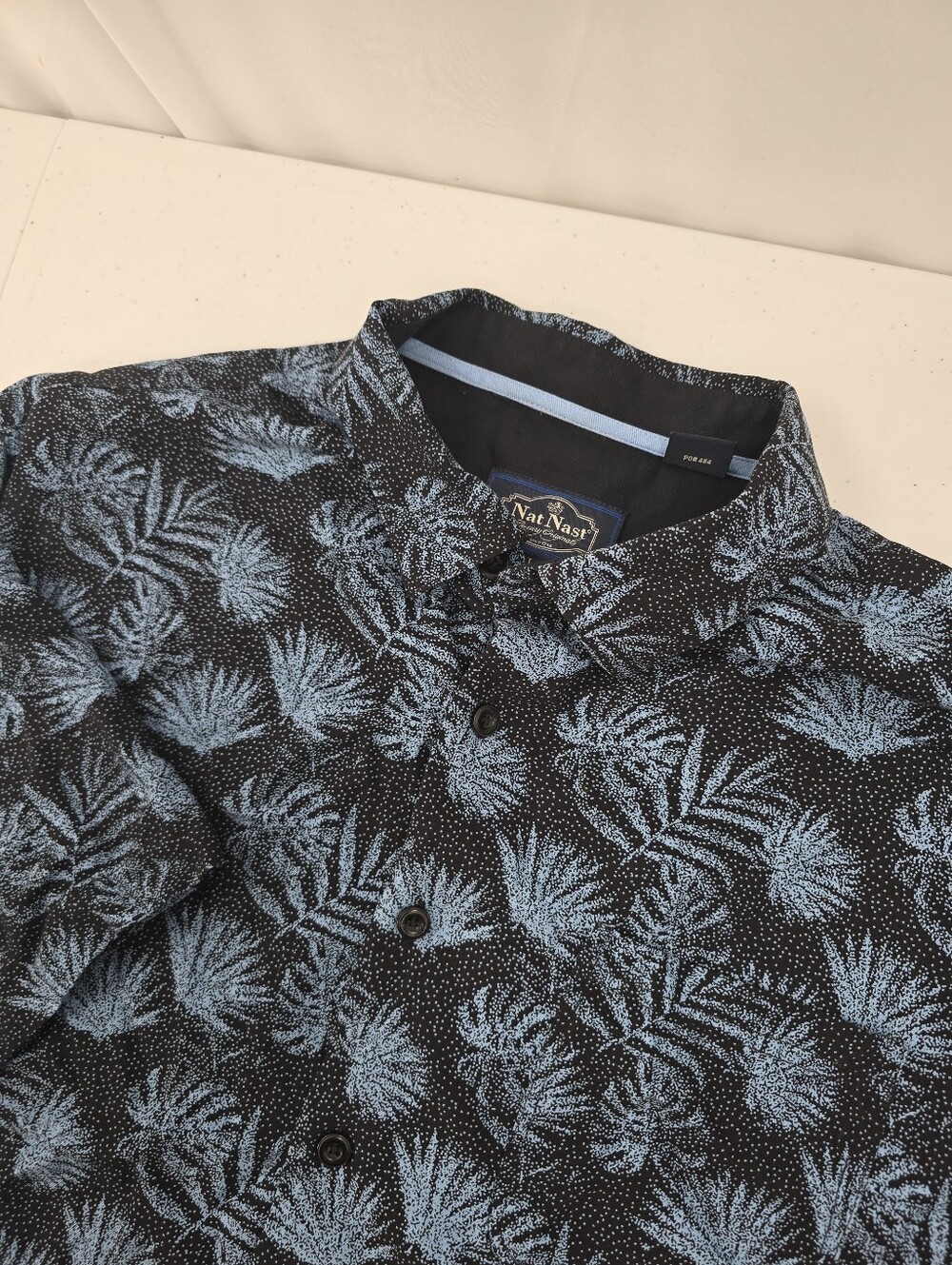 Nat Nast Silk Blend Hawaiian Shirt Men's Size Large Palm Fern Leaf Blue Black.
